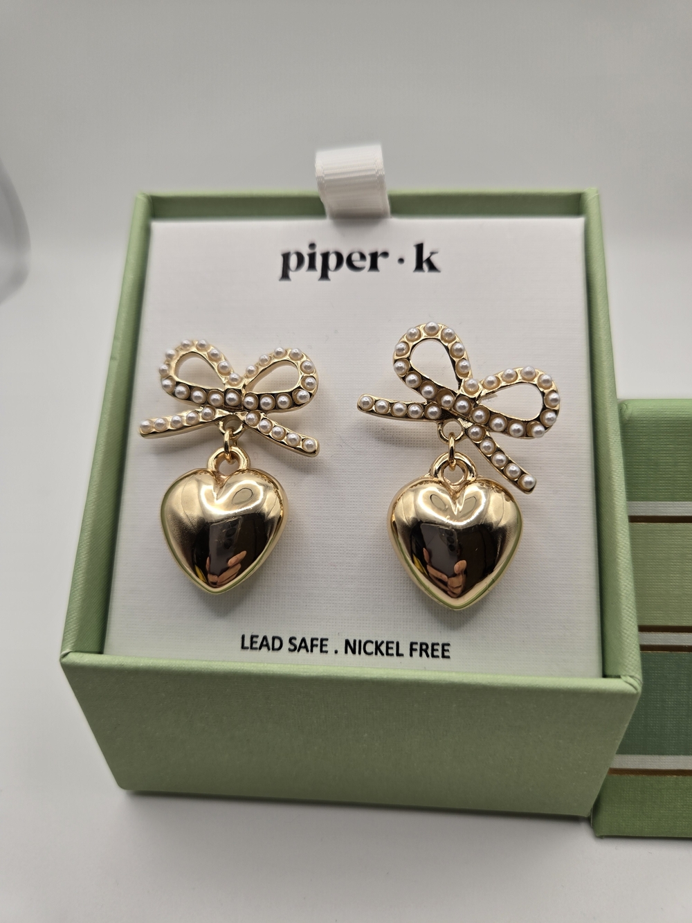 NIB Piper K Gold Pearl Bow Stud Heart Drop Earrings Feminine Fun Trendy Girly